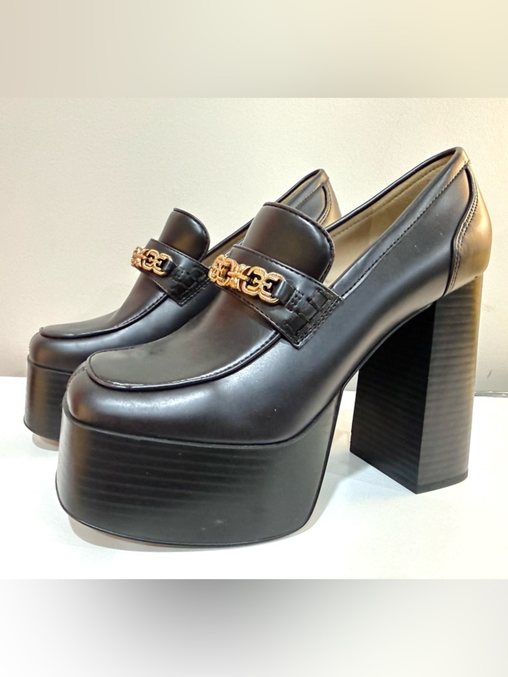 Sam Edelman Black Leather Platform Loafer with Gold Chain Accent